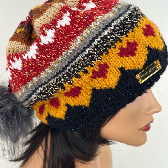 Hand Knits 2 Love Slouch Beanie Hat Hearts Valentine Faux Fur Pom Pom Designer main image 6